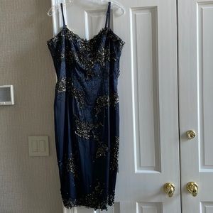 Mandalay midi dress, Navy silk w pewter & black lace appliqués